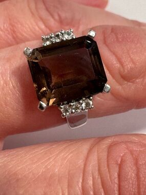 Brown Smoky Quartz Statement Ring with Clear Accent Stones